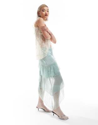 limited edition deconstructed midi skirt with lace and frill details in mint green