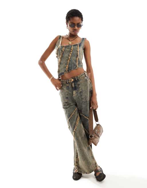 Distressed denim jumpsuit clearance
