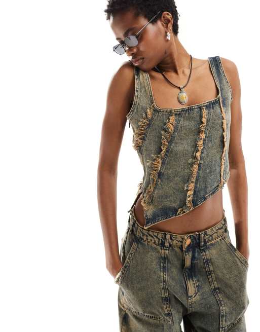 Reclaimed Vintage - Limited Edition - Distressed denim korsettop, deel van co-ord set