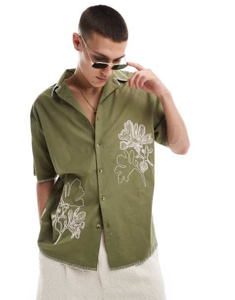 Reclaimed Vintage limited edition embroidered revere relaxed shirt in sage - view 1