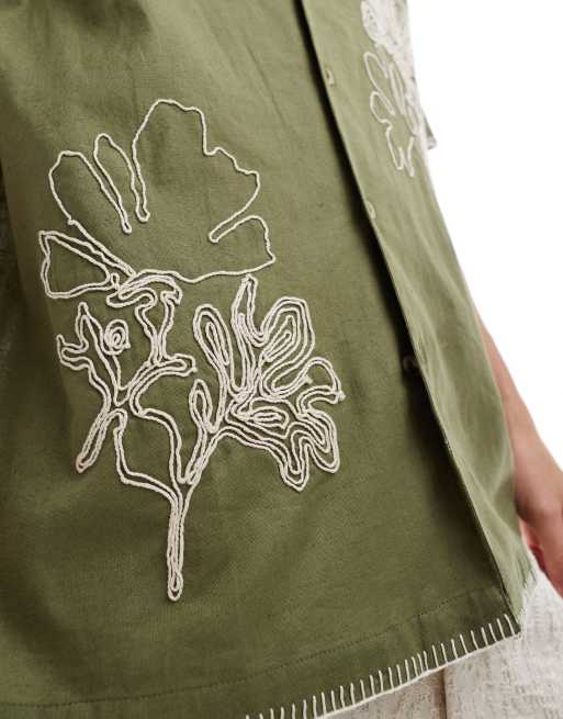 Reclaimed Vintage limited edition embroidered revere relaxed shirt in sage