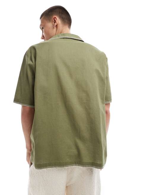 Reclaimed Vintage limited edition embroidered revere relaxed shirt in sage