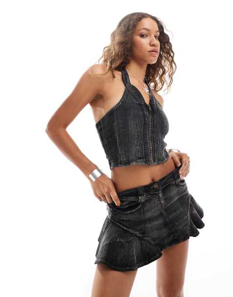 Reclaimed Vintage limited edition festival cord halter top co-ord in charcoal - view 1