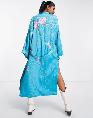 Reclaimed Vintage limited edition festival satin kimono with embroidery in blue