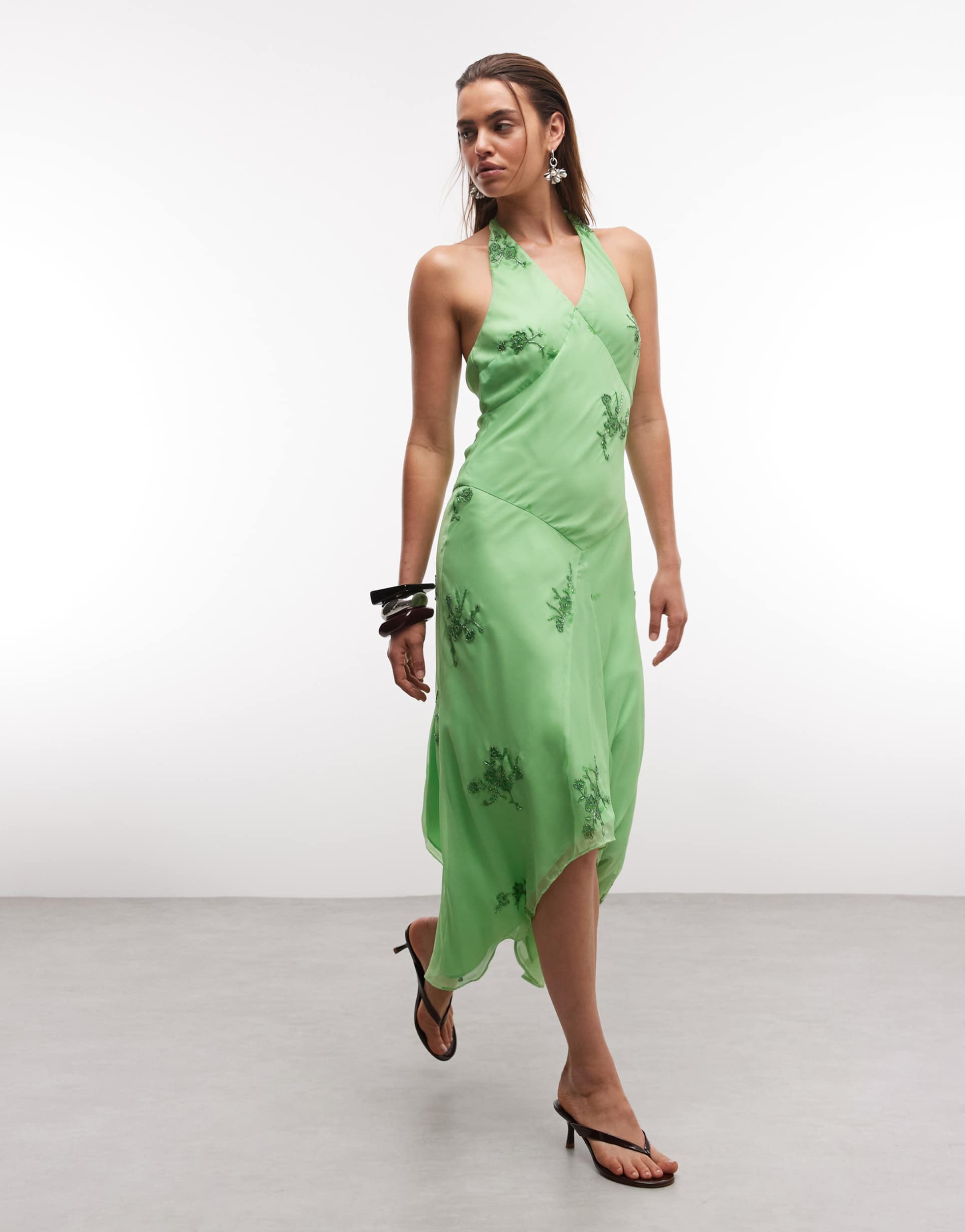 reclaimed vintage limited edition halter neck midi dress with scarf detail and embroidery in green