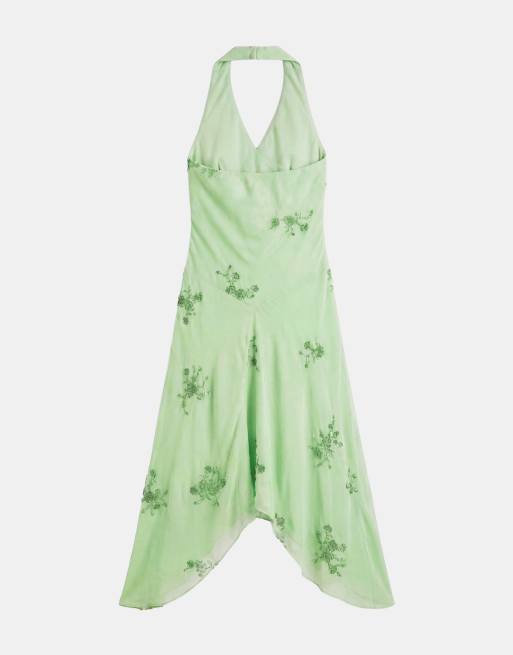 Reclaimed Vintage Limited Edition halter neck midi dress with scarf detail  and embroidery in green | ASOS