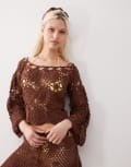 [Reclaimed Vintage] Reclaimed Vintage Limited Edition hand crochet crop top in chocolate brown (part of a set) S Chocolate Brown