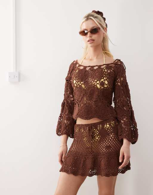 Reclaimed Vintage Limited Edition hand-crocheted look mini skirt with 3D flowers in chocolate brown - part of a set 