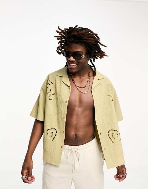 Reclaimed Vintage limited edition lace cut work short sleeve shirt in khaki ASOS