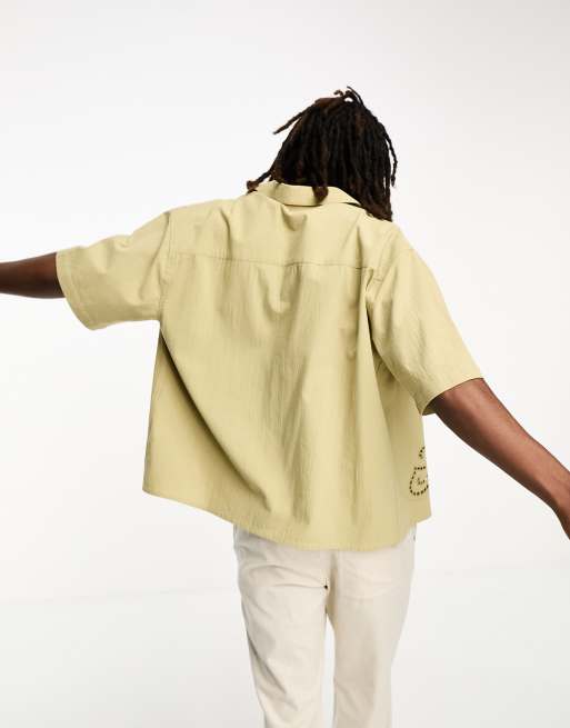 Reclaimed Vintage limited edition lace cut work short sleeve shirt in khaki , 4 of 4