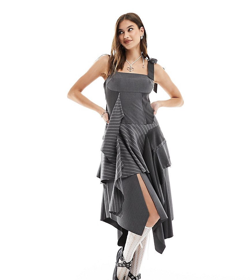 Reclaimed Vintage limited edition layered midi dress in grey pinstripe-Multi