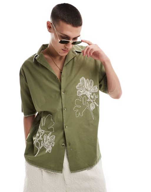 Reclaimed Vintage – Limited Edition – Locker geschnittenes, besticktes Hemd in Khaki mit Reverskragen