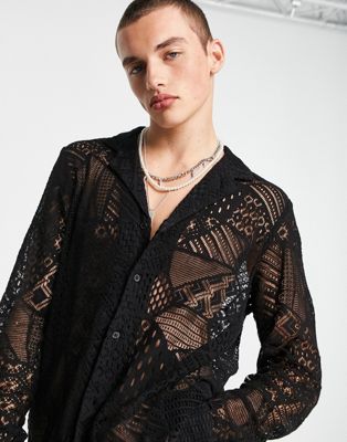 Reclaimed Vintage limited edition long sleeve lace shirt in black
