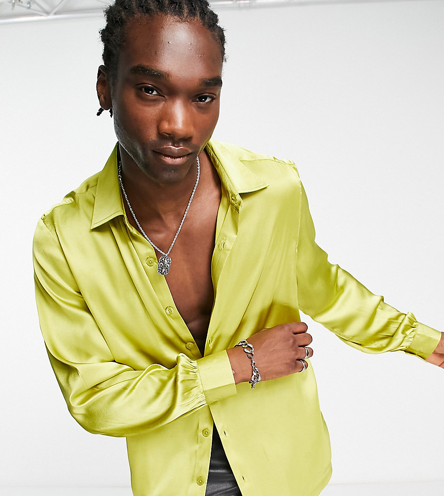 Reclaimed Vintage limited edition long sleeve satin shirt in lime green