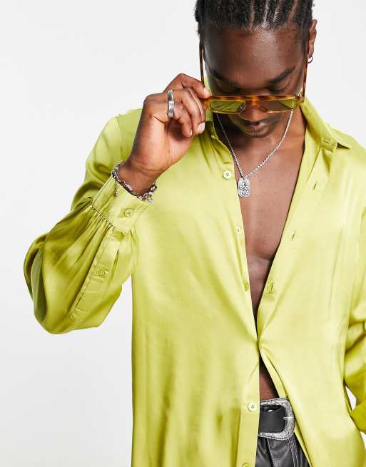Reclaimed Vintage limited edition long sleeve satin shirt in lime green, 4 of 4