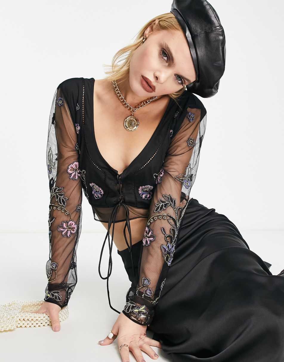 Reclaimed Vintage limited edition long sleeve sheer top with embellishment