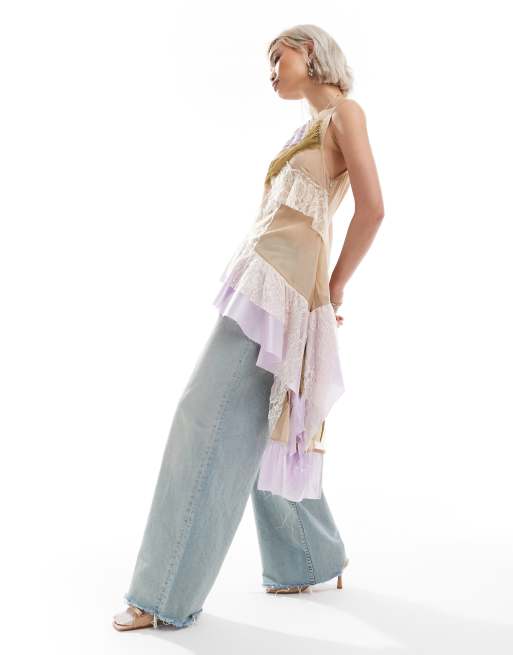 Reclaimed Vintage limited edition longline asymmetric hem top in spliced fabric, 3 of 4