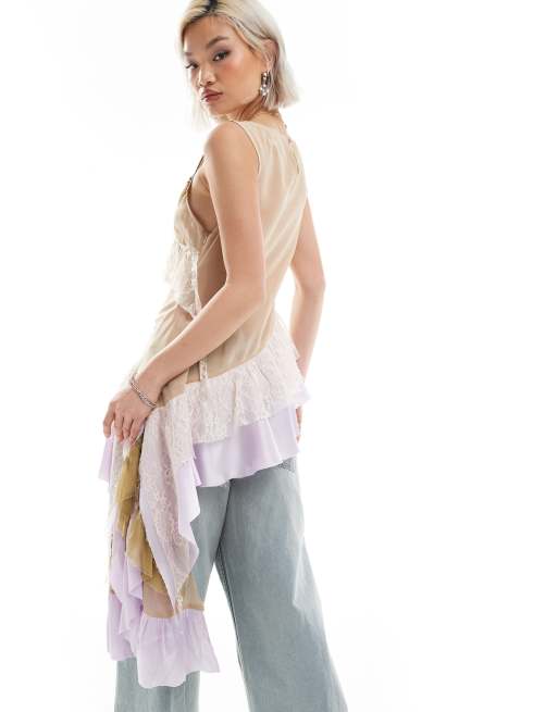 Reclaimed Vintage limited edition longline asymmetric hem top in spliced fabric, 4 of 4