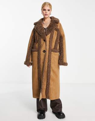 Reclaimed Vintage limited edition longline faux shearling coat in tan and brown