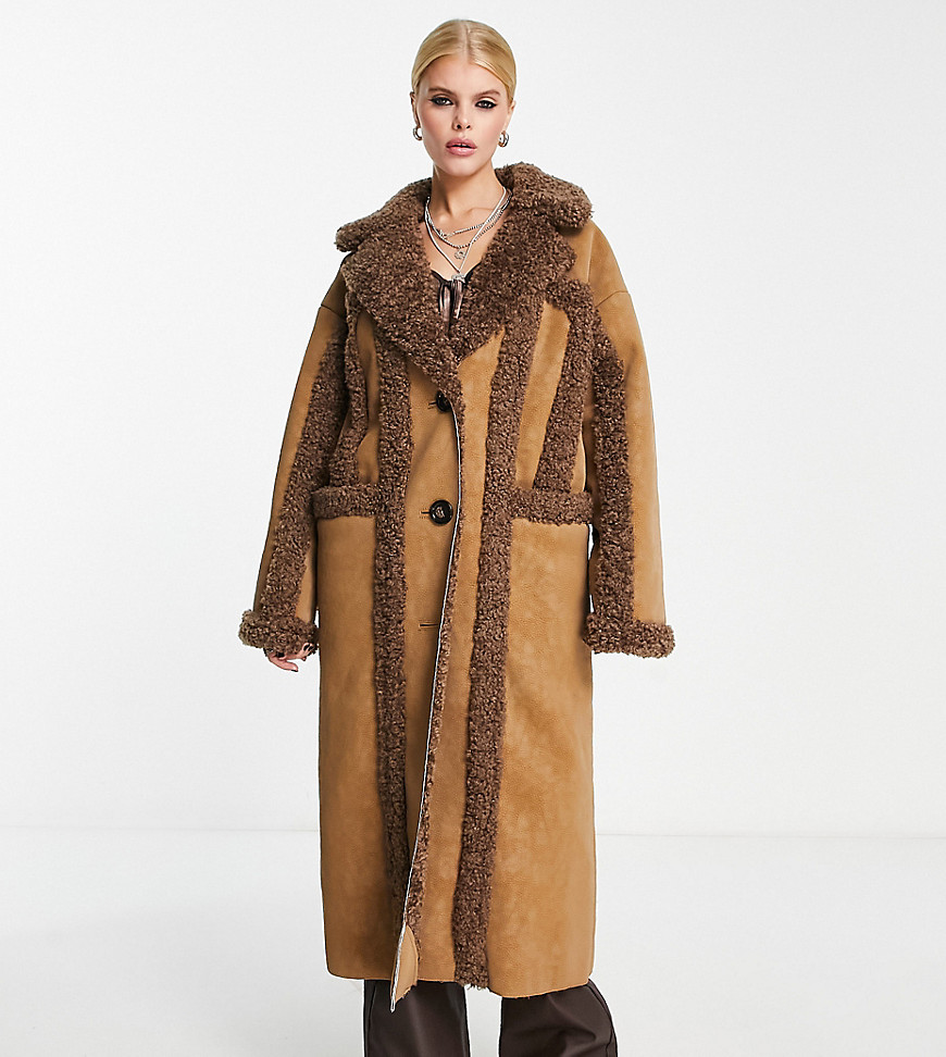 Reclaimed Vintage limited edition longline faux shearling coat in tan and brown
