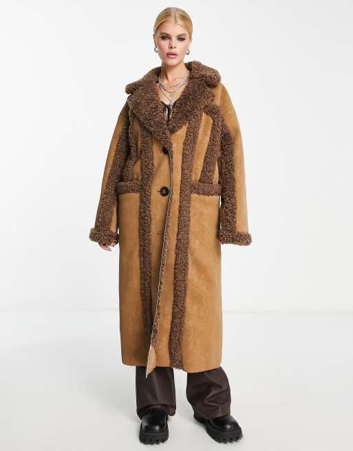 Reclaimed Vintage limited edition longline faux shearling coat in tan and brown ASOS