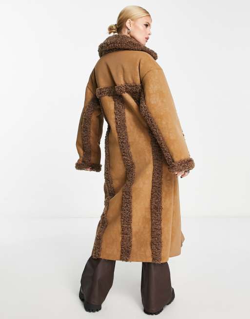 Reclaimed Vintage limited edition longline shearling coat in tan and brown