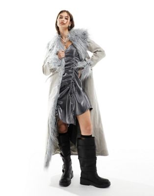 Reclaimed Vintage limited edition longline real suede coat with fur trim in grey