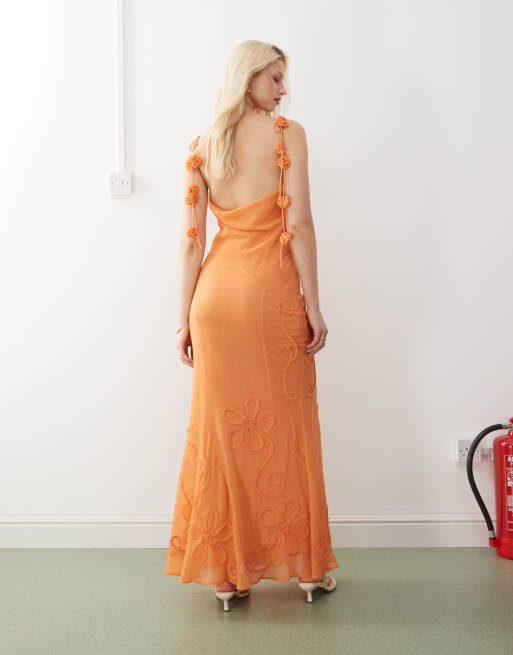 Reclaimed Vintage Limited Edition maxi cami dress with floral embroidery detail in orange