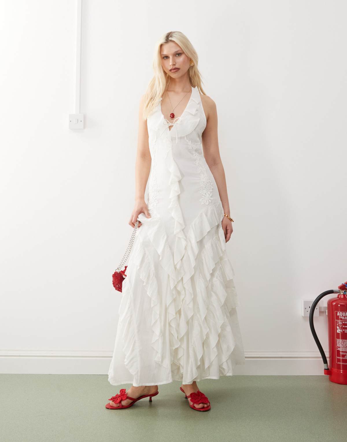 Reclaimed Vintage Limited Edition maxi dress with ruffle details and embroidery in cream