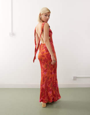 Limited Edition maxi dress with tie detail open back in red floral print