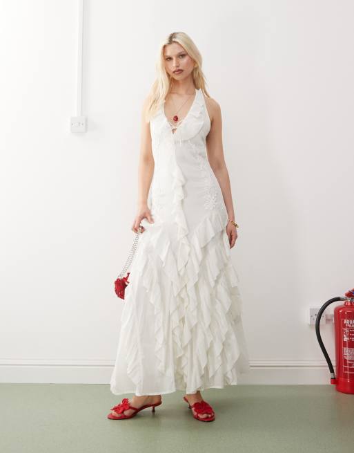 Reclaimed Vintage - Limited Edition - Maxi jurk met ruches en geborduurde details in crème