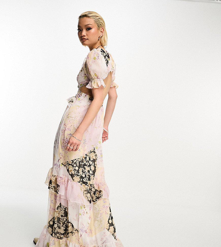 Reclaimed Vintage limited edition maxi ruffle dress with open tie back in floral print-Multi