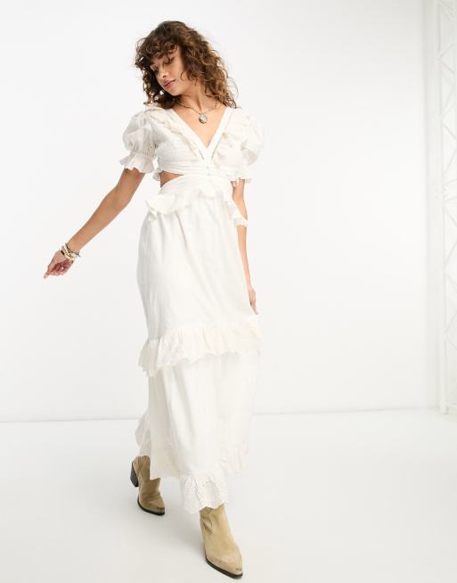Reclaimed Vintage limited edition maxi ruffle dress with open tie back in white ASOS