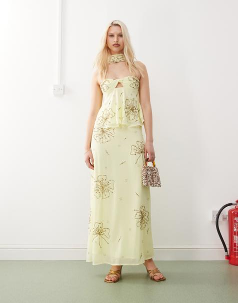 Reclaimed Vintage Limited Edition maxi skirt with floral embroidery detailing in yellow - view 1