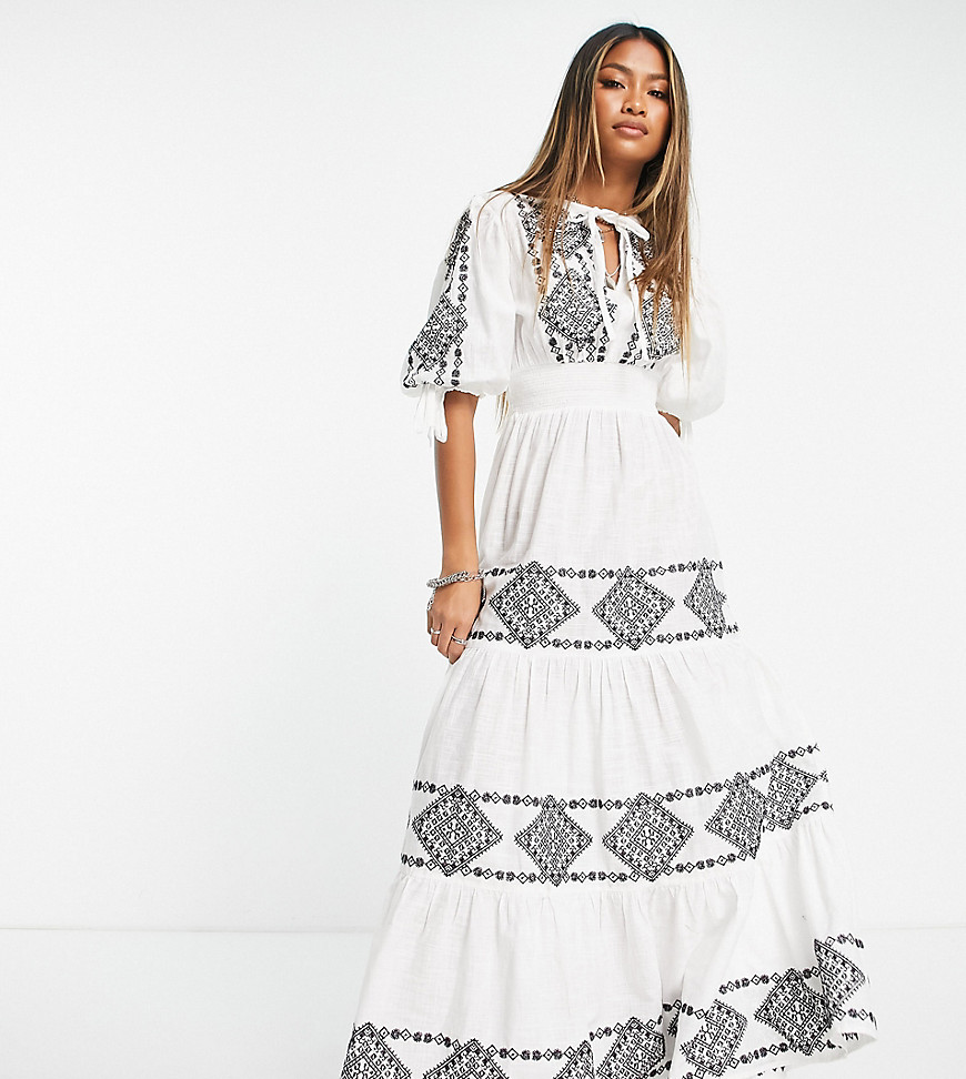 Reclaimed Vintage limited edition maxi smock dress in white with contrast black embroidery-Brown