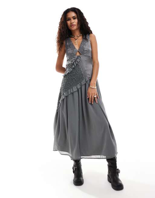 Reclaimed Vintage Limited edition midi dress in mixed fabric in gray