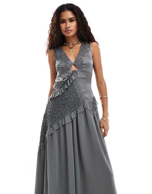 Reclaimed Vintage Limited edition midi dress in mixed fabric in grey ASOS
