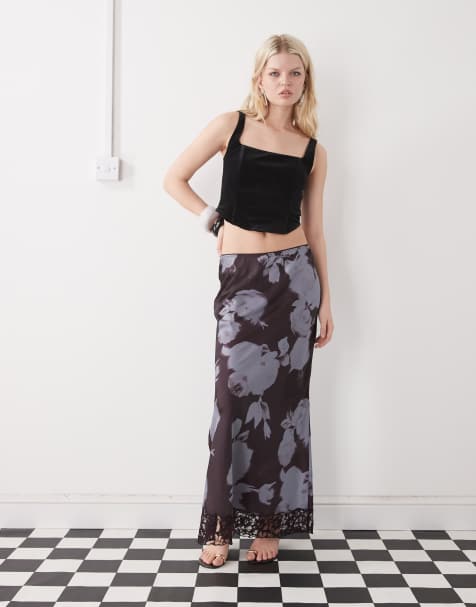 Reclaimed Vintage Limited Edition midi satin skirt with inserted lace trim in blurred purple floral print - view 1