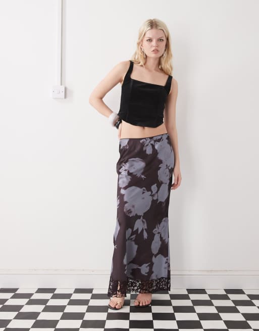 Reclaimed Vintage Limited Edition midi satin skirt with inserted lace trim in blurred purple floral print