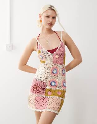 Reclaimed Vintage Limited Edition mixed panel hand crochet mini dress in multi  - view 1