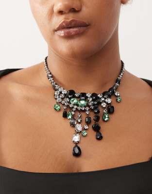 Reclaimed Vintage Limited Edition Necklace With Dangly Green And Black Stones In Multi