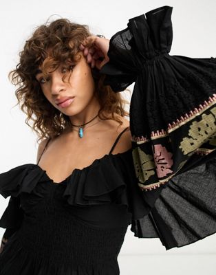 Reclaimed Vintage limited edition off shoulder prairie top in black with cross stitch embroidery co-ord