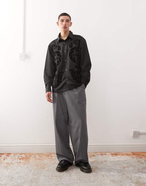 Reclaimed Vintage Limited Edition oversized satin shirt with velvet embroidery in black, 3 of 5