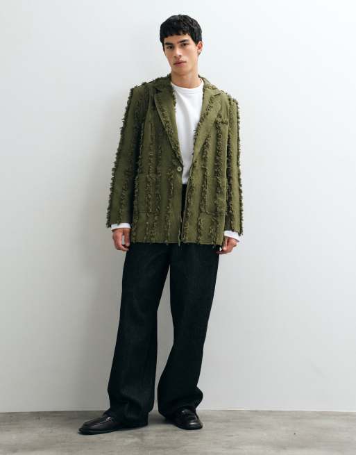 Reclaimed Vintage Limited Edition oversized suit jacket co-ord in olive with fraying, 4 of 5