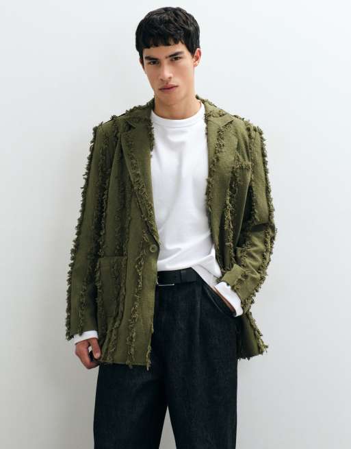 Reclaimed Vintage Limited Edition oversized suit jacket set in olive with fraying, 3 of 5