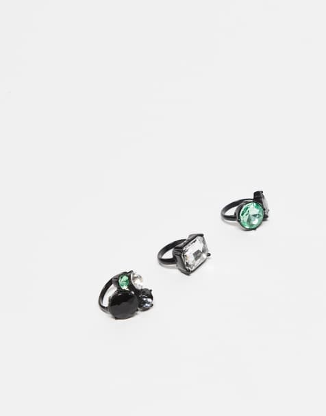 Reclaimed Vintage - Limited Edition - Pakke med sølvfarvede ringe med grønne og sorte sten - view 1