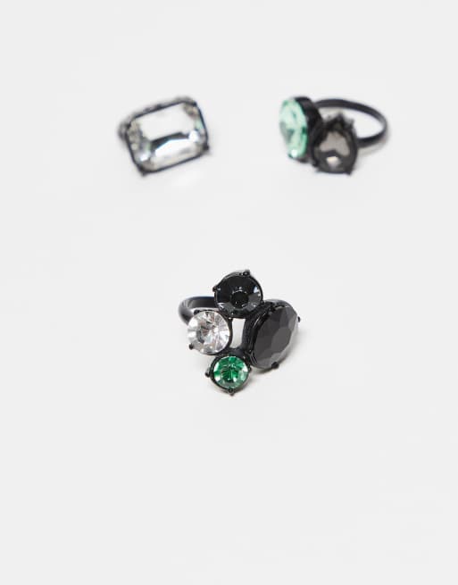Reclaimed Vintage - Limited Edition - Pakke med sølvfarvede ringe med grønne og sorte sten, 3 af 3