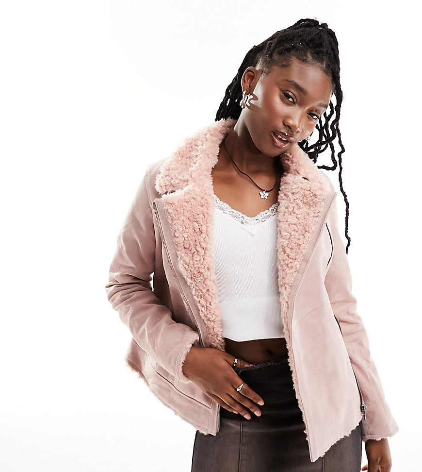 Reclaimed Vintage limited edition real suede aviator jacket with fur trim in pink-Neutral