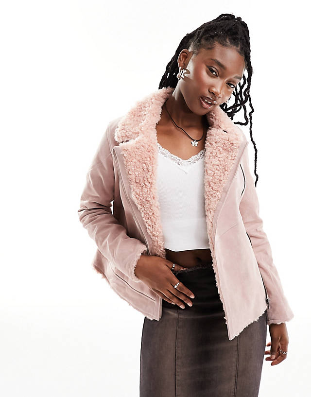 Reclaimed Vintage - limited edition real suede aviator jacket with fur trim in pink