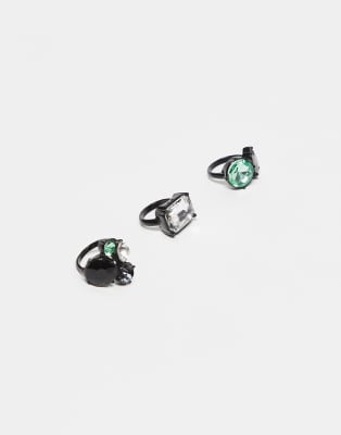 Reclaimed Vintage Limited Edition Ring Pack With Green And Black Stones In Gray